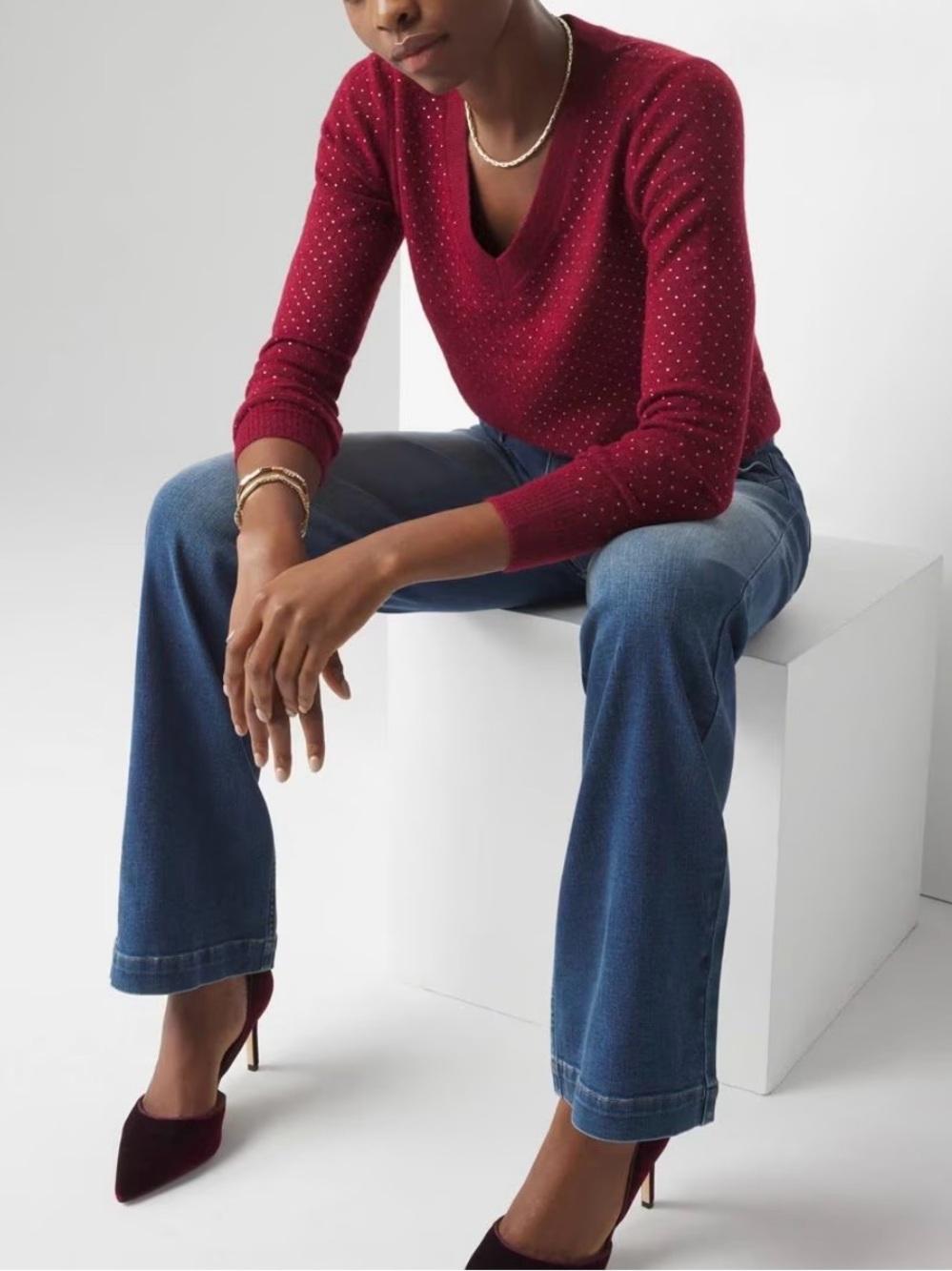 White House Black Market Burgundy V-Neck Sweater with Embellished Detail Medium